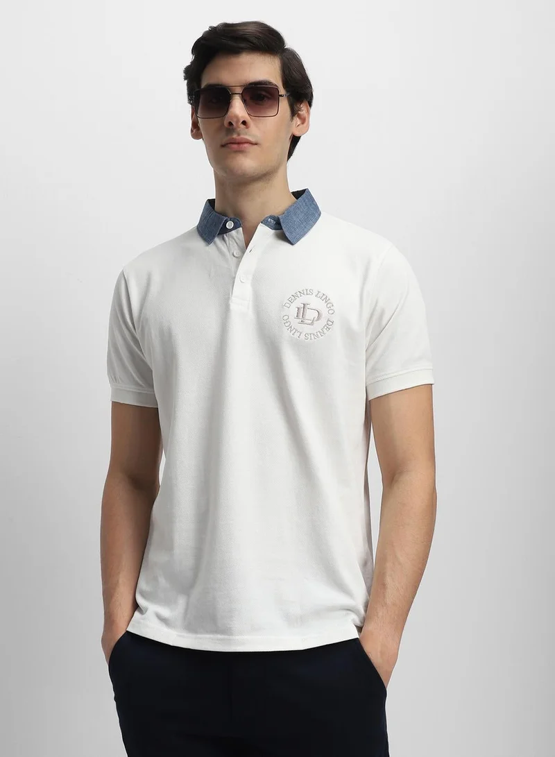 دينيس لينغو تيشيرت بولو أبيض بقصة ضيقة سادة بأكمام قصيرة للرجال قطن % كاجوال